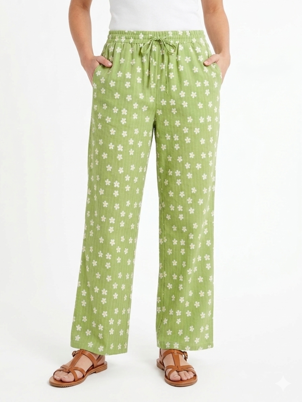 Women's Green Floral Wide-Leg Drawstring Pants